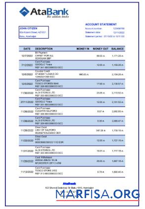 Blank Azerbaijan AtaBank bank statement excel download for verification